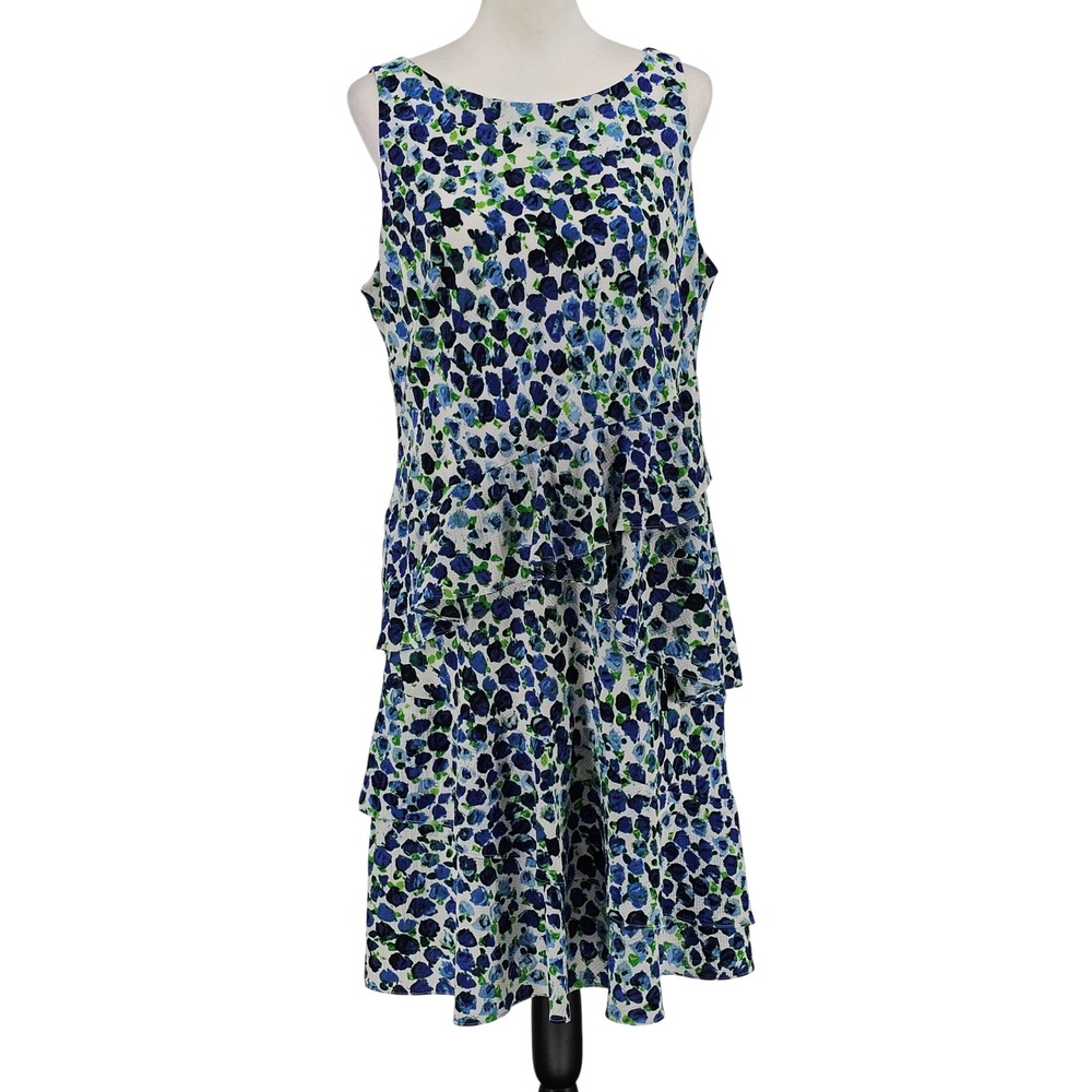 Lauren Ralph Lauren Tiered Ruffle Knit Dress 14 Blue Floral Garden Party Wedding